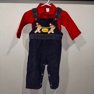 Vtg By Thomas Corduroy Overalls Set 12 Mo Red Shirt Bears‎ Honey Pot Appliqué